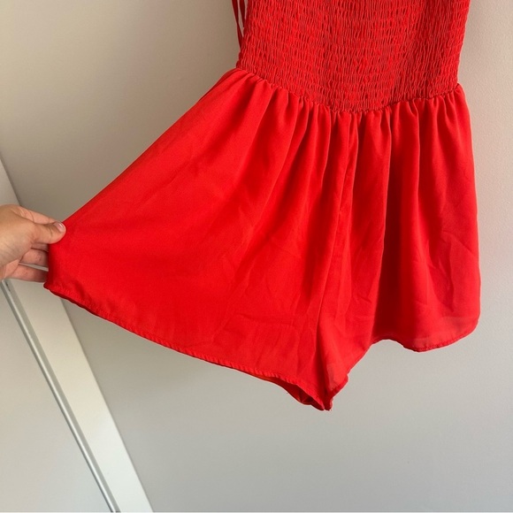 3/$20⚡️ Windsor Red Off The Shoulder Romper Flowy Arm Tie Ring The Alarm Smocked - Picture 6 of 12
